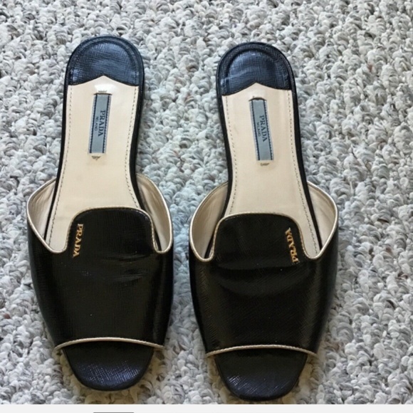 PRADA Black Patent Saffiano Leather Open Toe Slide Flats Size 37.5 - Picture 1 of 5